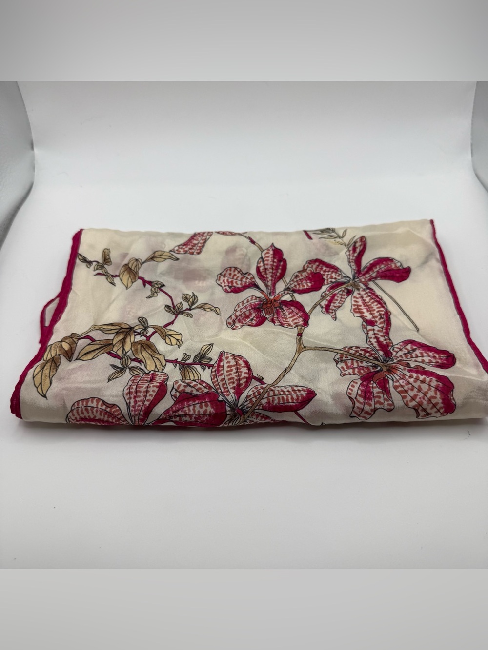 Oscar de la renta silk Cream Floral Scarf with Pink Accents